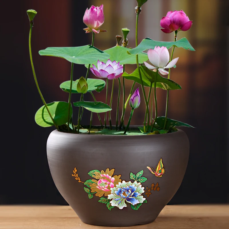 

Purple Sand Large Flowerpot Lotus Ceramic Hydroponic Copper Money Grass Flower Pot Non Porous Water Lily Bowl