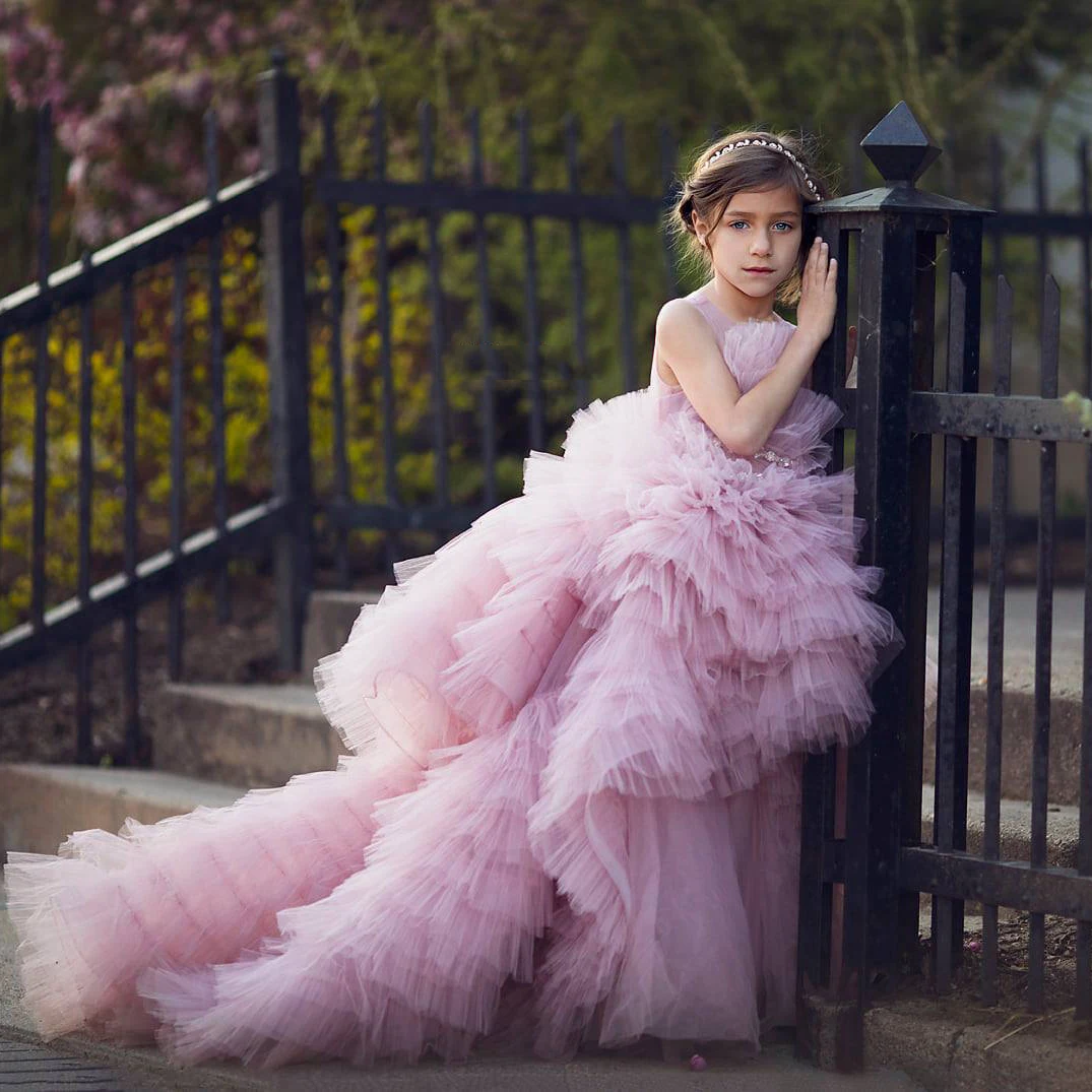 

Extra Puffy Princess Flower Girls Pleated Ruffled Dresses Kids High End Ruffles Tulle Long Prom Gowns Plus Size Real Images