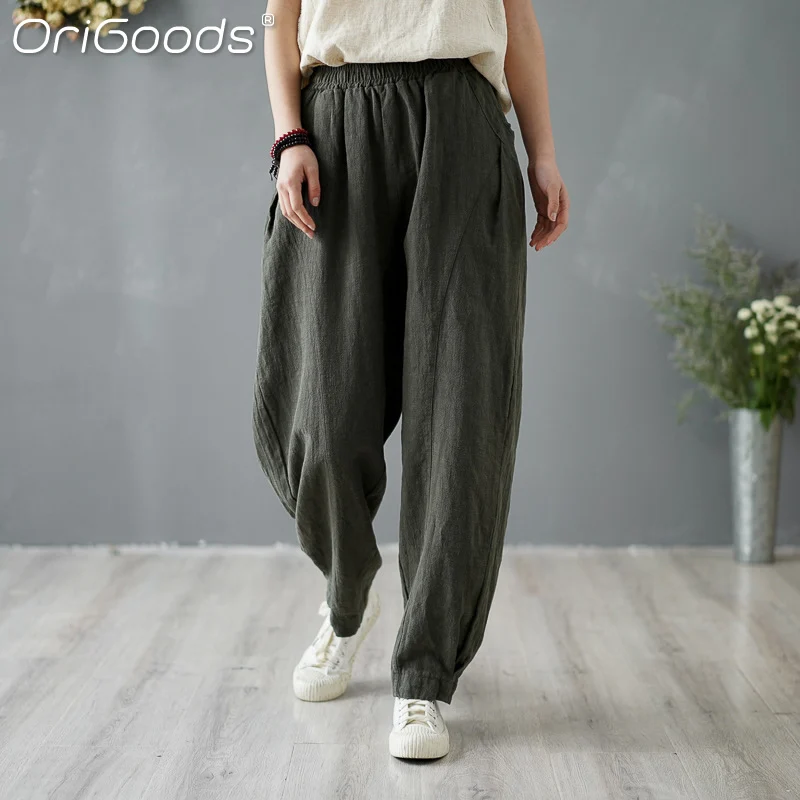 OriGoods штаны шаровары на весну осень для женщин в винтажном стиле рами большого