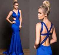 sexy v neck mermaid royal blue prom dresses 2021 custom made beaded evening party gowns criss cross back formal special