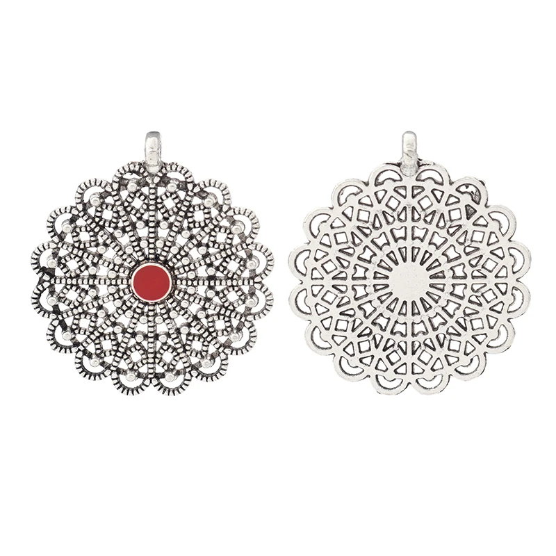 

20 x Tibetan Silver Hollow Filigree Flower with Red Enamel Beads Charms Pendants for Necklace Jewelry Making 34x30mm