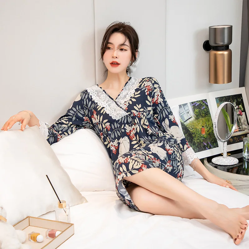 

Casual Nightgown Spring Long Sleeve Nighty V-neck Lace Printe Cotton Nightdress Loose Home Clothes Temptation Sleepwear Nuisette
