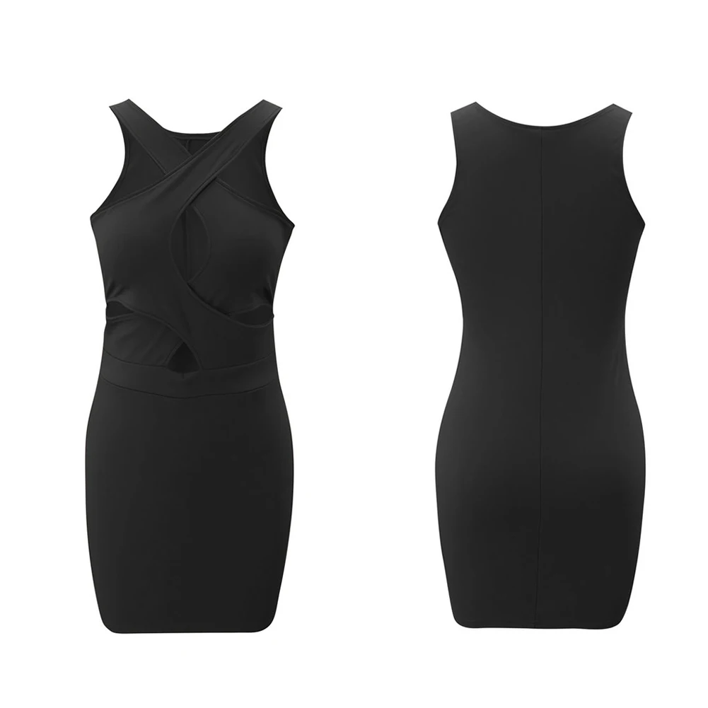 

2020 New Women Sexy Cross Hollow Out Mini Dress Summer Fashion Solid Color Sleeveless Halter Slim Fit Skinny Hip Bodycon Dress