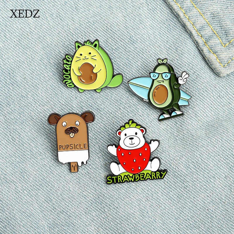 

XEDZ Cartoon Cute Avocado Chocolate Ice Cream Enamel Brooch Fashion Animal Sunglasses Strawberry Bear Badge Jewelry Gift Friends