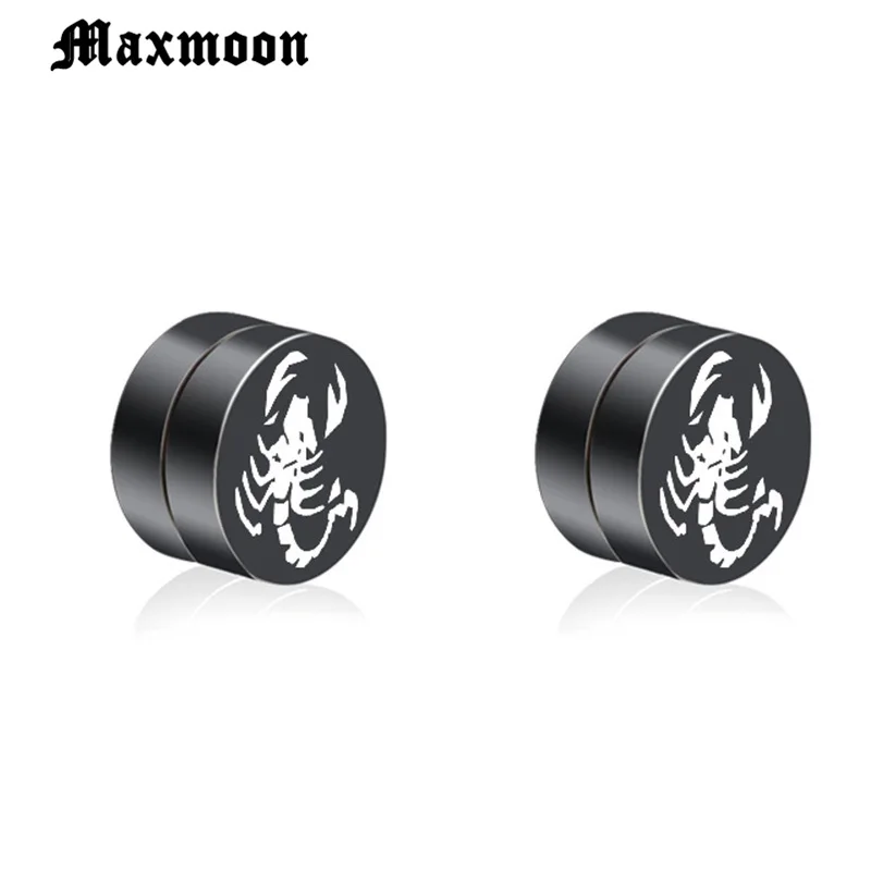 Maxmoon Round Scorpion Magnet Stud Earring Puck Women Mens Magnetic Fake Ear Plug Jewelry