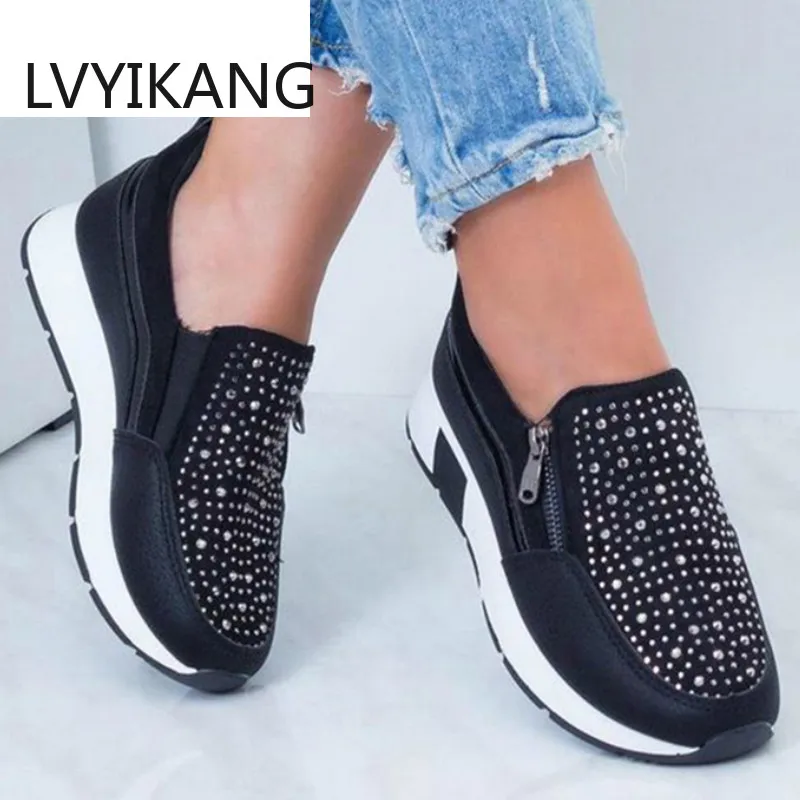 

Женские кроссовки с кристаллами, на плоской подошве, на молнии, Нескользящие, дышащие, Вулканизированная подошва, повседневная обувь для ул...