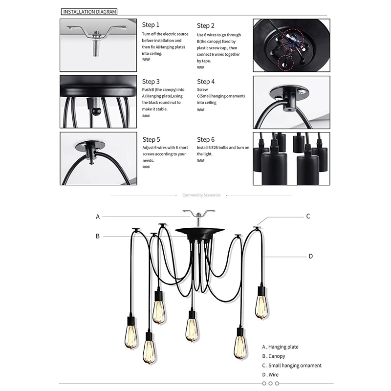 Sleeve Retro Lampshade Suspensions Vintage Adjustable RéTro Chandelier Ceiling Lamp (E27) Dining Hall Bedroom Hotel 5 Arms (Bulb | Лампы и
