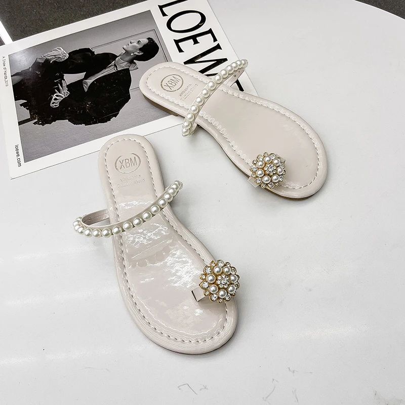 

XIXIYIPIN 2021 New Fashion Pearls String Bead Flat Sexy Ldaies Slides Outdoor Beach Summer Sandals Women Slippers Flip Flops