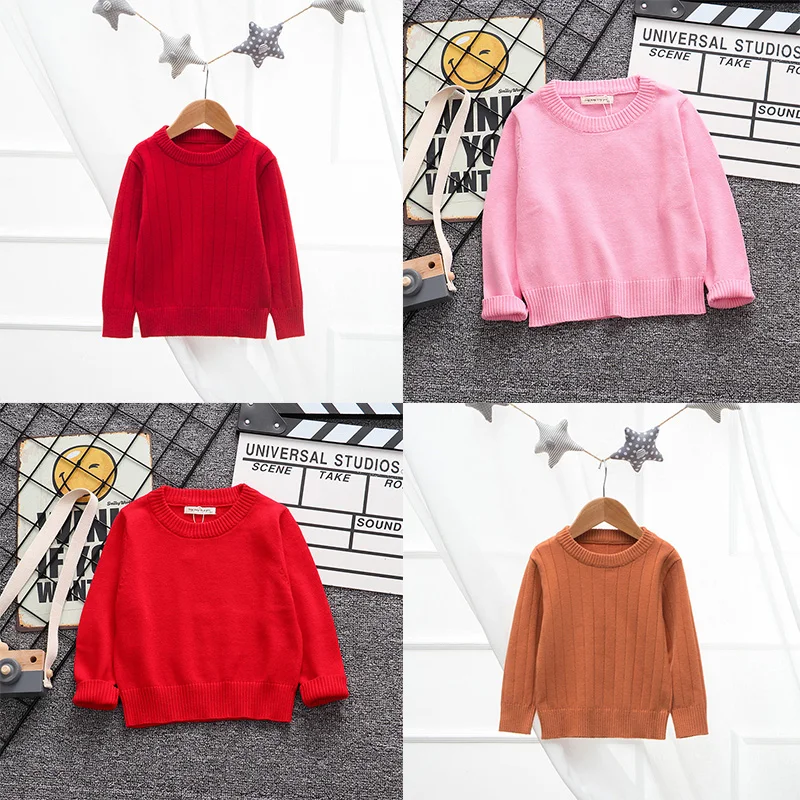 Свитера с круглым вырезом для маленьких мальчиков и девочек на осень однотонная