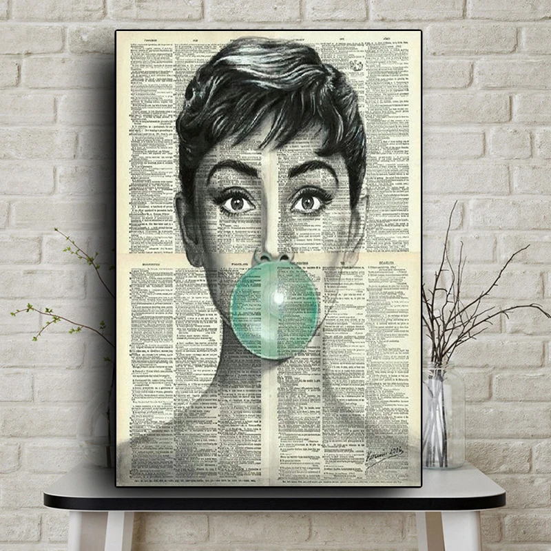 

Audrey Hepburn Blue Bubble Gum Posters and Prints Black and White Art Canvas Painting Wall Art Picture Home Decoration No Frame