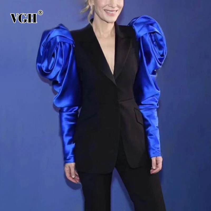 Женские Лоскутные блейзеры VGH с v-образным вырезом и длинными рукавами-фонариками