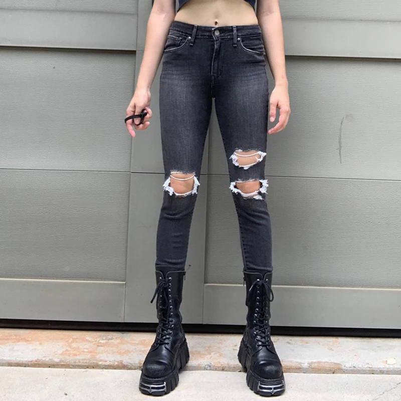 

Модные женские джинсы с завышенной талией, джинсы, уличная одежда, джоггеры, рваные брюки-карандаш, эластичные облегающие однотонные капри ...