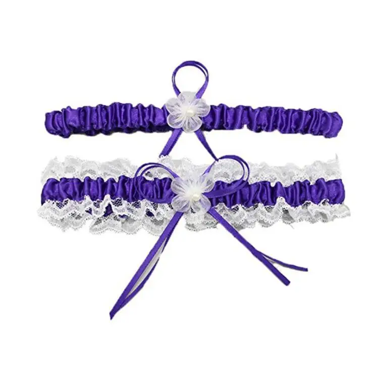 purple Свадебные Подвязки, свадебные подвязки, кружевные подвязки, Цветочные эластичные кружевные подвязки, свадебные подвязки с кружевом и жемчугом - Цвет: purple