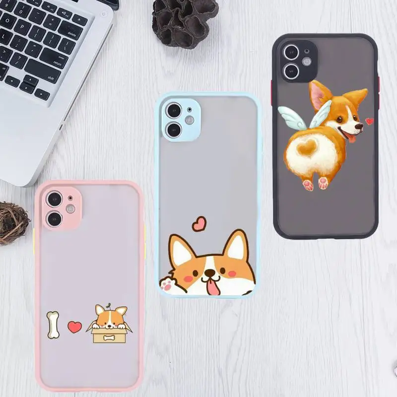 

Cute cartoon corgi dog Phone Case For iPhone 12 11 Mini Pro XR XS Max 7 8 Plus X Matte transparent Pink Back Cover