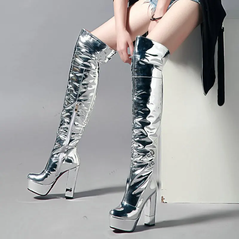 

Модные сапоги выше колена из лакированной кожи с зеркальным покрытием; Осенние женские сапоги; Высокие сапоги на высоком квадратном каблук...
