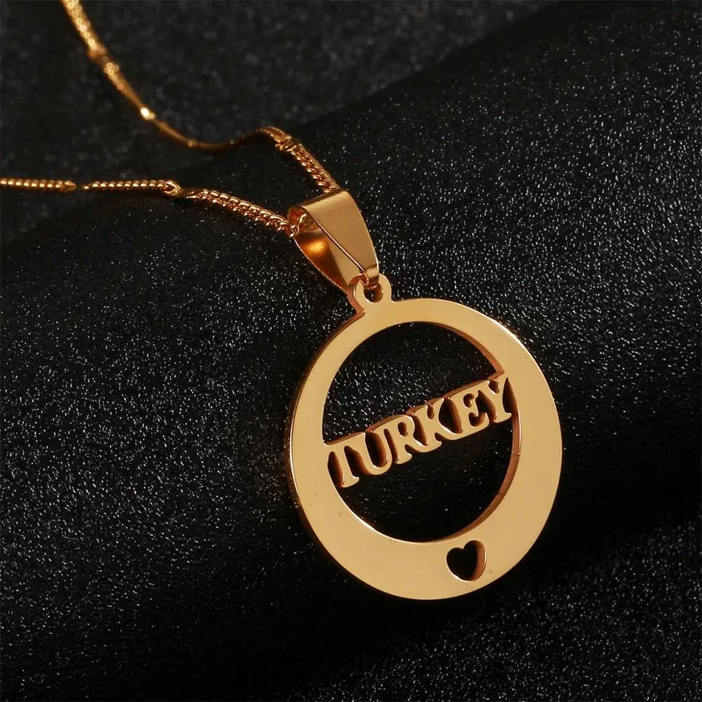 

Stainless Steel Turkey Letter Round Pendant Necklaces Gold Color Turkish Charm Jewelry