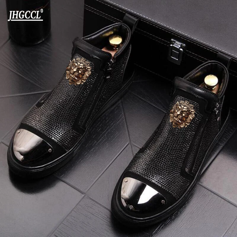 Кроссовки мужские черные блестящие с высоким верхом на молнии повседневные в