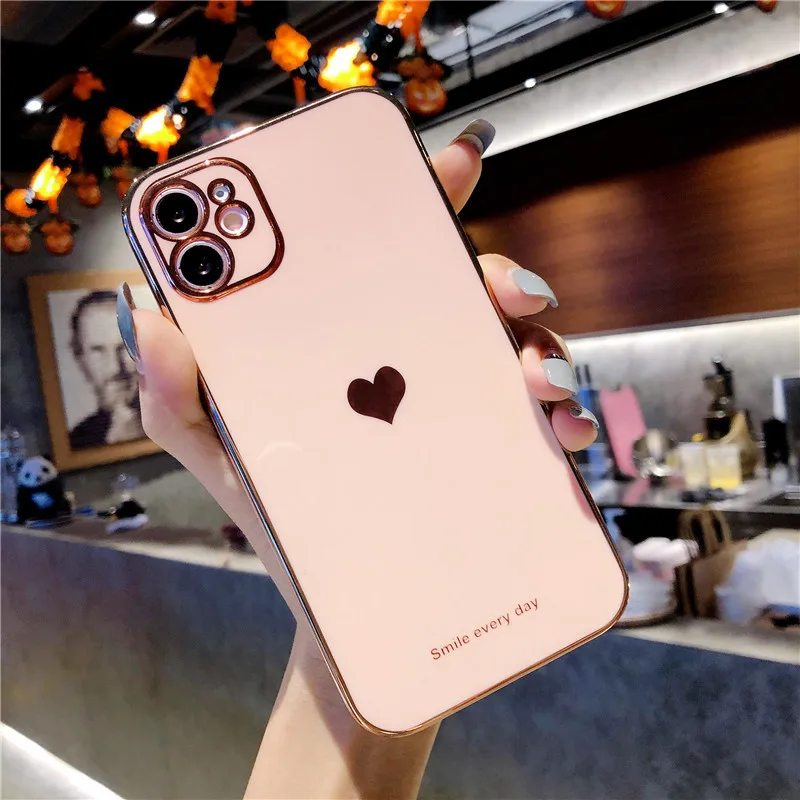 

Iphone Case Applies To Apple 12Promax Phone Case Straight Edge Plating Heart Iphone11Pro All-Inclusive Lens Xs/xr Cover Love