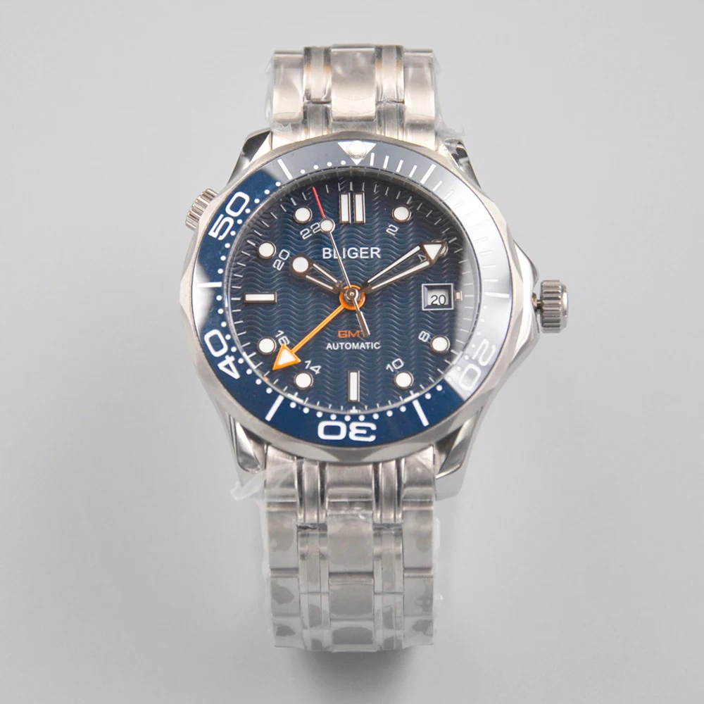 Мужские наручные часы BLIGER 41 мм GMT с сапфировым светящимся синим волнистым узором