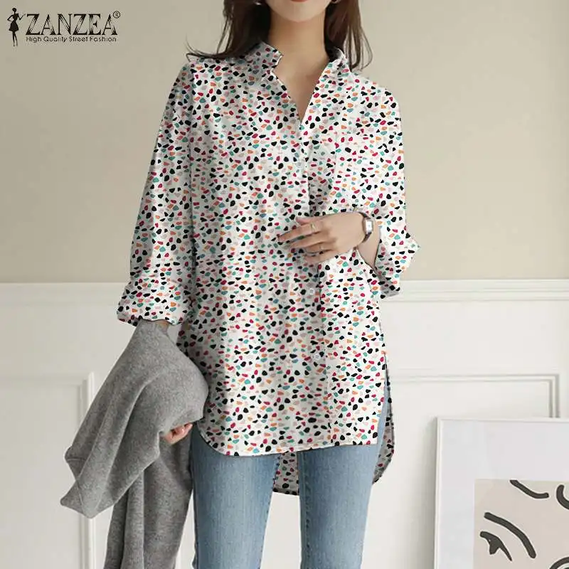 

Womens Printed Long Sleeve Blusa Femininas ZANZEA Office Lady Lapel Chemise Casual Loose Shirt Oversize 2021 Autumn Fashion Tops