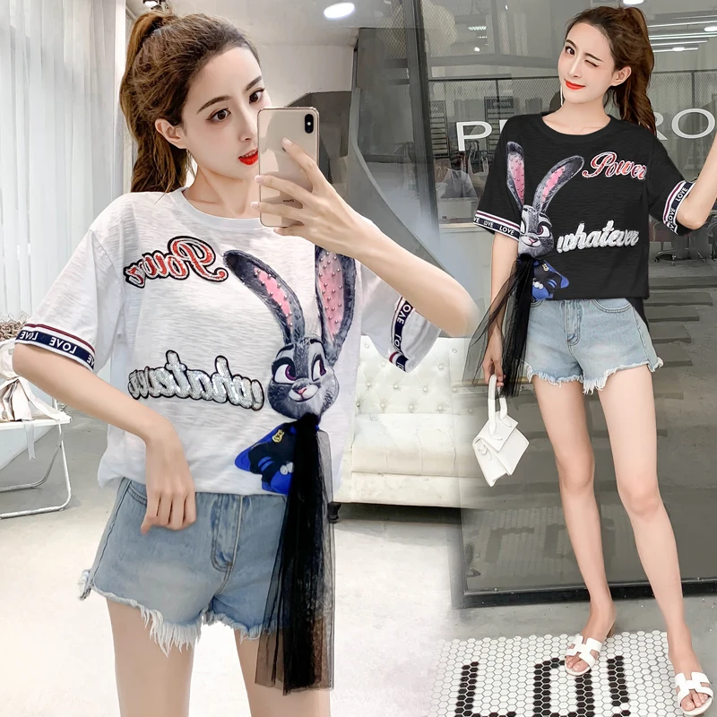 

Short Sleeve Women T-shirt Summer Rabbit Print Casual Tshirt Female Tops Korean Style 2 Colors Black White