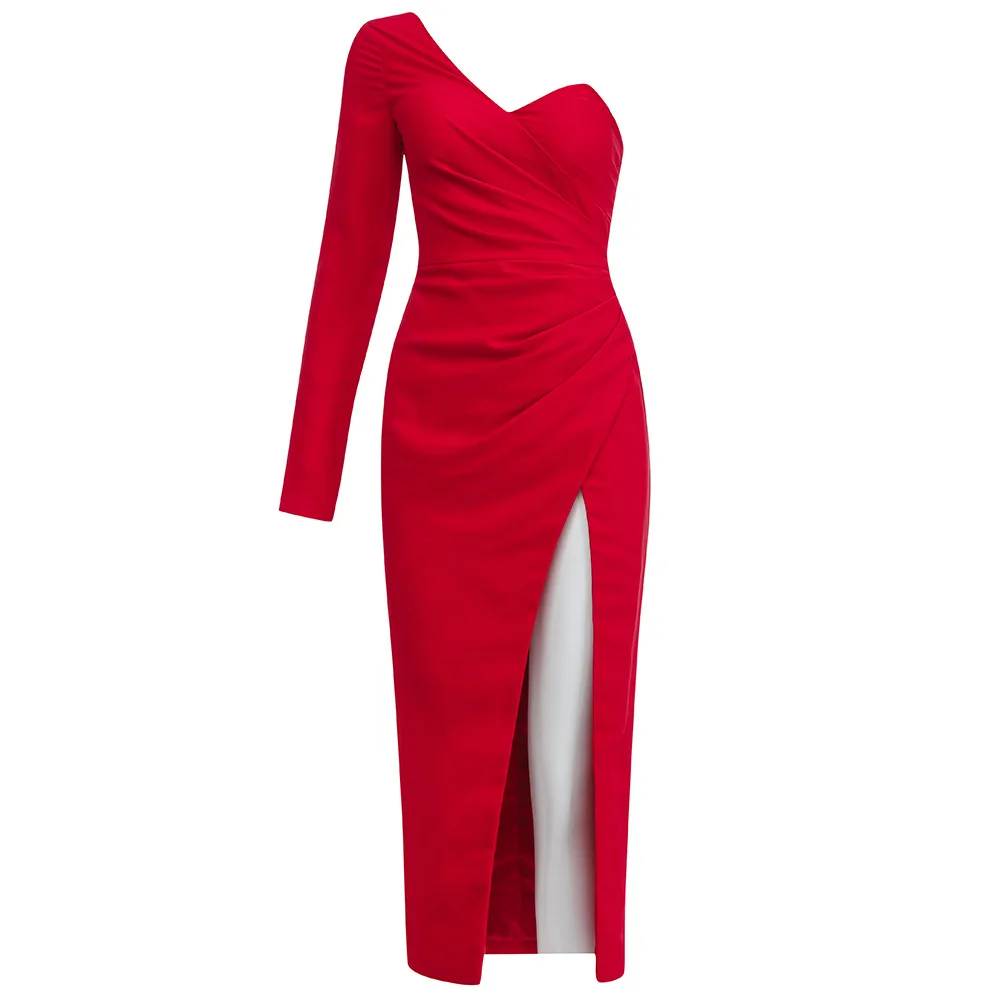 

2021 spring and summer new sexy side split red one shoulder long sleeve dinner dress