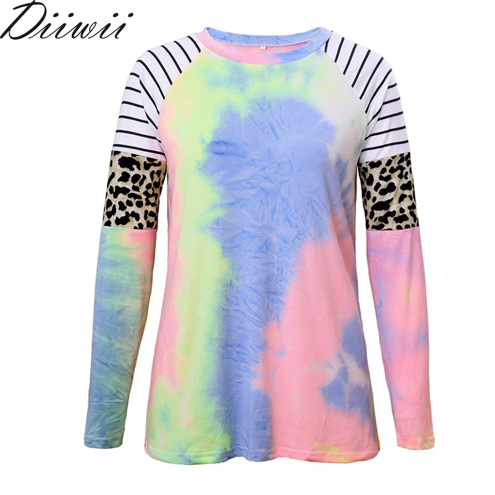 

DiiWii Female Woman Autumn Winter Womenwear Tie Dyed Leopard Print Long Sleeve T Shirt