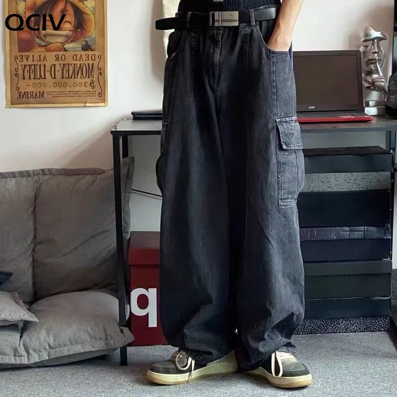 Брюки-багги мужские джинсовые, свободные брюки с широкими штанинами, Повседневная Уличная одежда в Корейском стиле, джинсы-карго, черные
