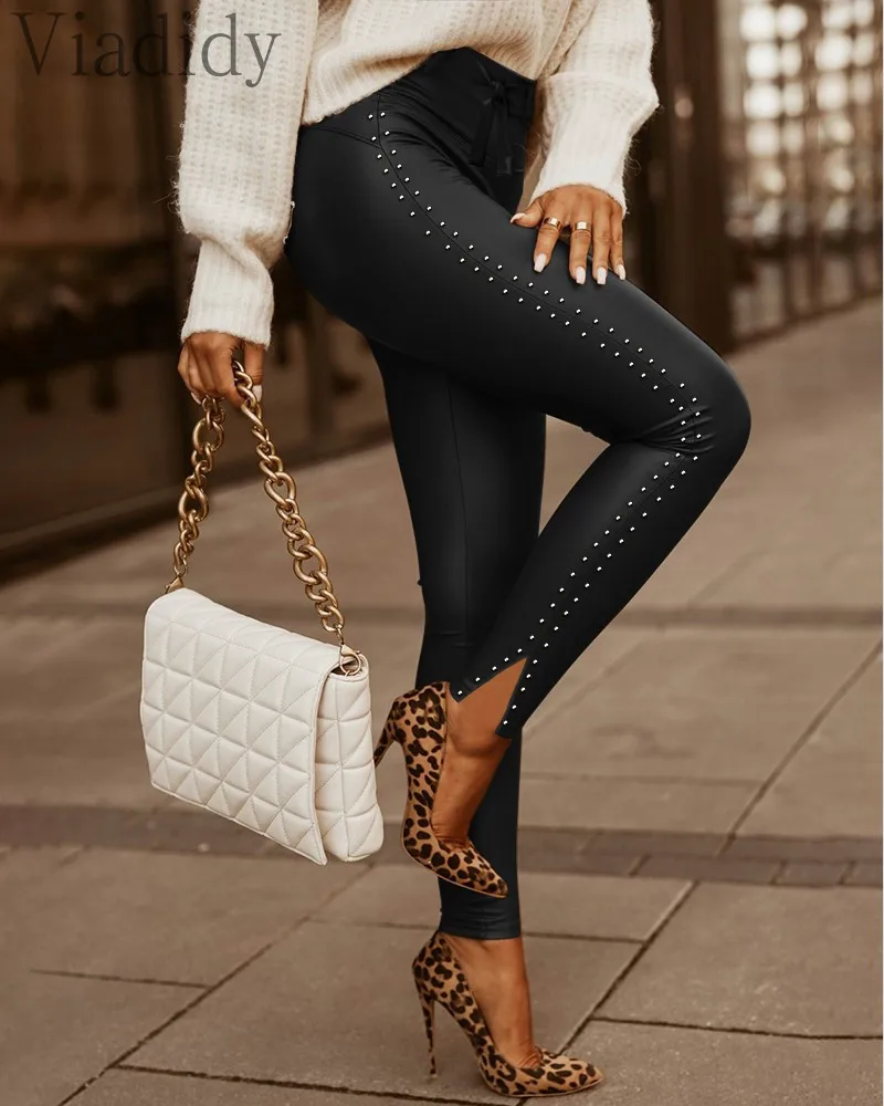 Женские пикантные узкие брюки из ПУ кожи с завышенной талией на шнуровке |