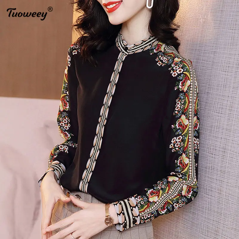 

2021 spring autumn new stand collar Hollow out sexy Black chiffon shirt ladies long-sleeved retro printing top blouse