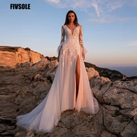 fivsole gorgeous lace wedding dresses beach appliques long sleeves tulle v neck beach wedding dress vintage vestido de noiva