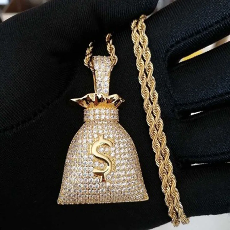 

Karopel Hip Hop Purse Dollar Sign Pendant Necklace Micro Inlaid Zircon Pendant 24" Rock Rope Chain Jewelry For Gift