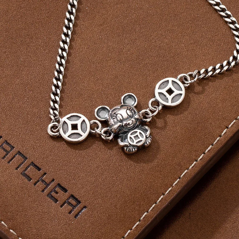 

S925 Sterling Silver Bracelet Female Retro Fashion Cool Whip Chain Adjustable Zodiac Year Rat Hand Jewelry
