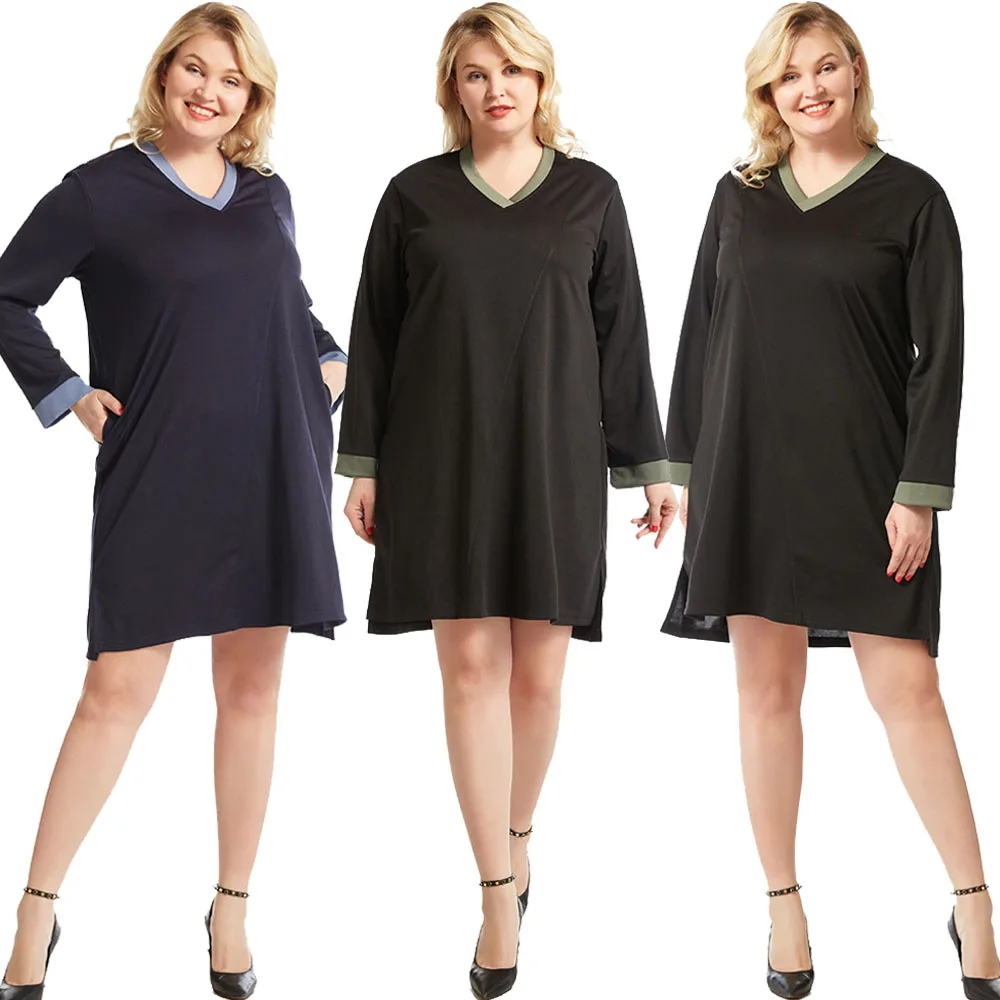 

Plus Size Womens Jumper Oversized Patchwork Dress V-neck Long Sleeve Pocket Pullover Knee Length Dress Casual Loose Vestidos