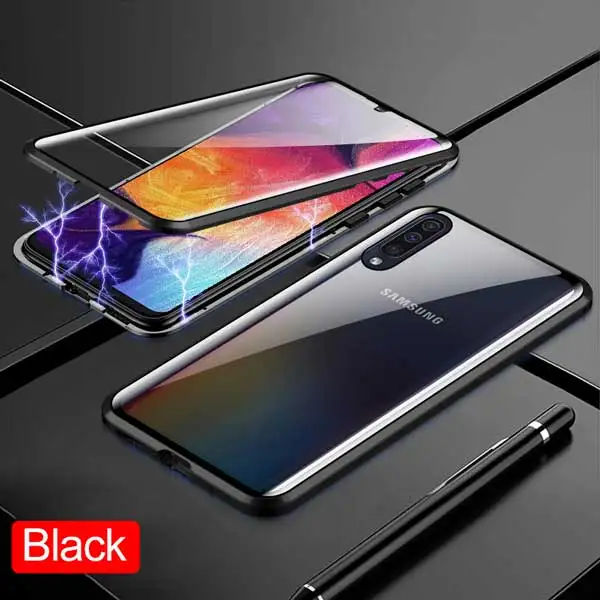 Black Магнитный чехол для samsung Galaxy A50 A40 A30 A20 A10 A60 A70 M30 M20 M10 A7 металлический корпус закаленное Стекло задняя крышка - Цвет: Black