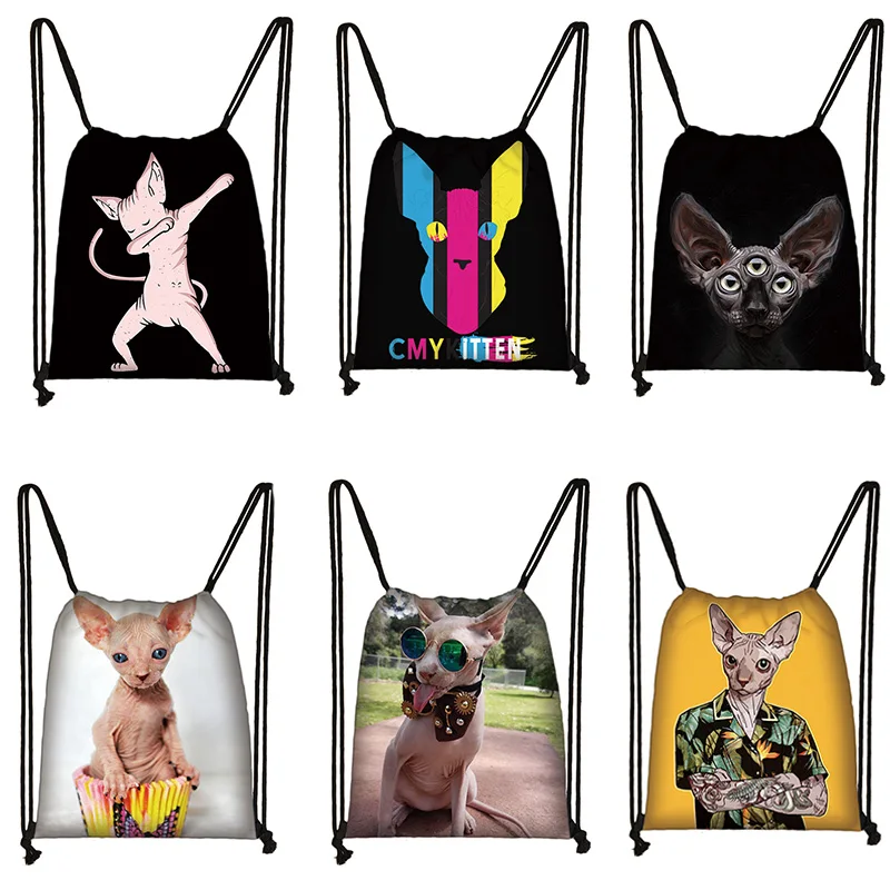 

Sphynx Cat Cartoon Print Drawstring Bag Girls Bookbag Women Canvas Backpack Ladies Storage Bag for Travel Shoes Holder