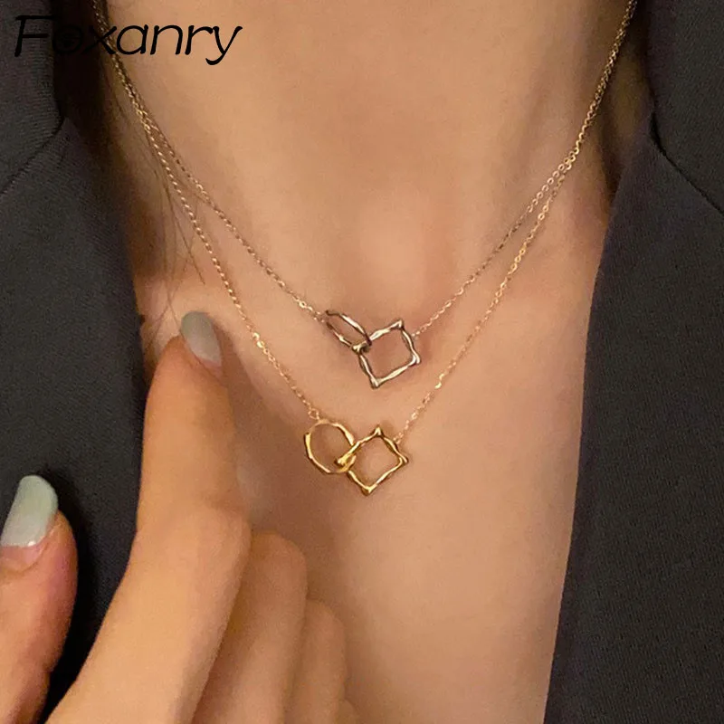 

FOXANRY INS Fashion 925 Sterling Silver Clavicle Chain Necklace for Women Vintage Simple Hollow Geometric Birthday Party Jewelry