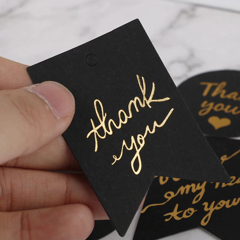 

10 pcs Black Paper Hang Tag Label Gold Stamping With Heart Thank You Paper Gift Tags For Gift Box Party Birtay Decor