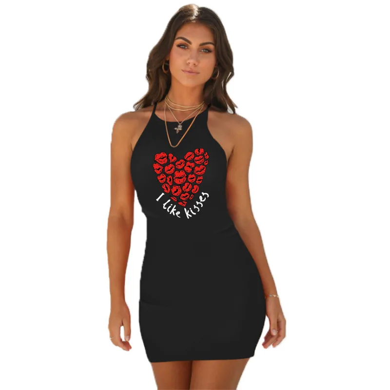 

Sexy Solid color Mini Buttocks Dresses Woman Vintage Red lips love Pattern Printing Vest Short Dresses Beach Party Dress 2021