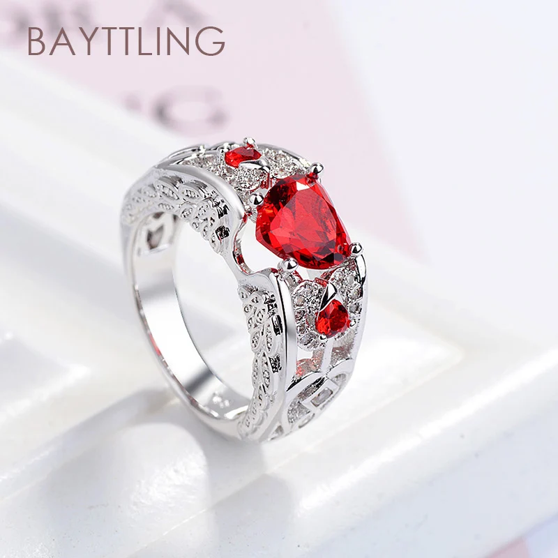 

BAYTTLING Silver Color 6/7/8/9/10#Fine Carved Heart Zircon Ring For Woman Fashion Party Gift Jewelry