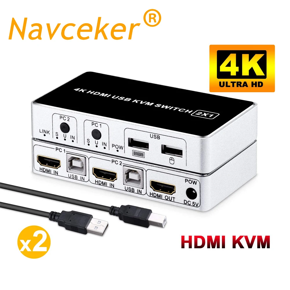 Переключатель Navceker с 2 портами HDMI KVM переключатель 4K USB поддержкой порта 0