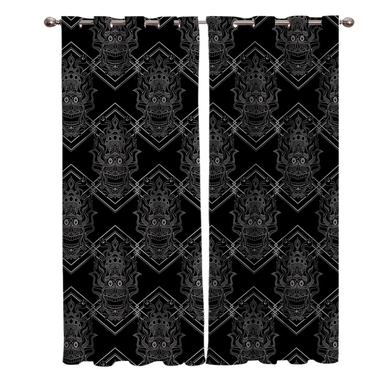 В стиле Хэллоуин геометрические лица комнаты шторы большие окна темные кухня