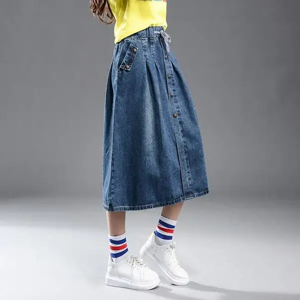 Летняя джинсовая юбка миди с эластичной резинкой на талии а силуэт плюс размер
