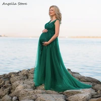 plus size pregnant women green evening dress a line sleeveless appliques lace beads long tulle maternity formal party gowns