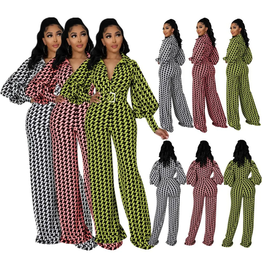 

Women's New Style Printed Lantern Puff Sleeve Wide-leg Jumpsuit (including Belt) Jump Suits for Women