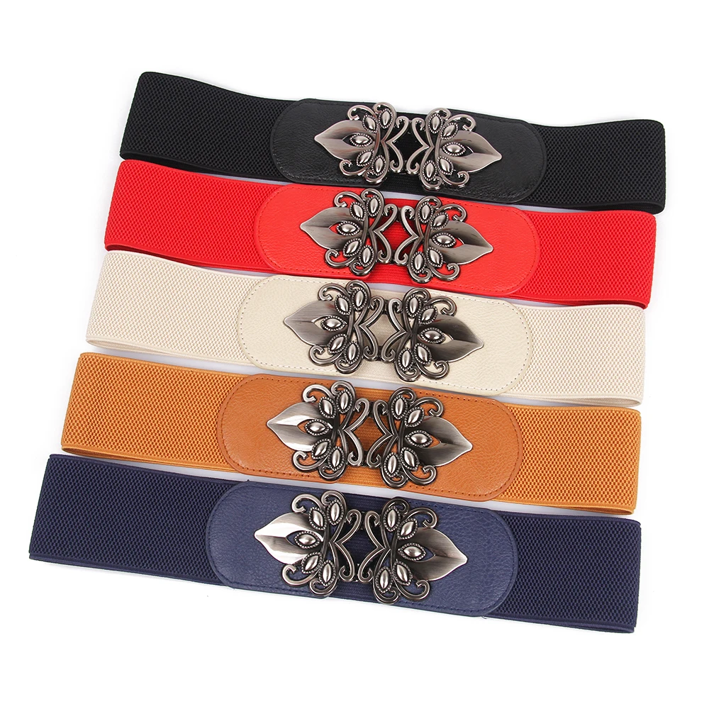 

Fashion Vintage Buckle Wide Waist Belt Dark Blue Elastic Waistband Women Cummerbund Black Bandage Lady Dress Coat Skirt Decorate