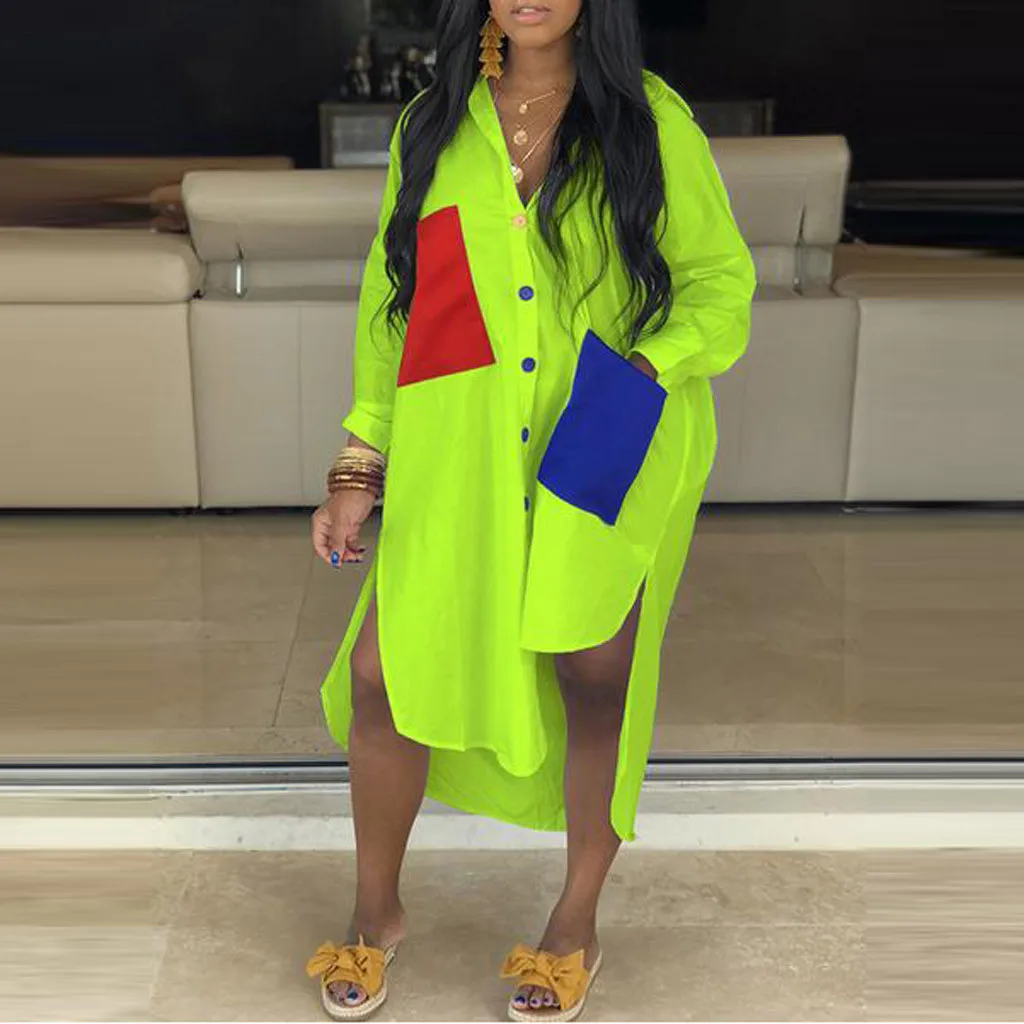 Женское длинное платье-рубашка размера плюс белое лоскутное платье с отложным