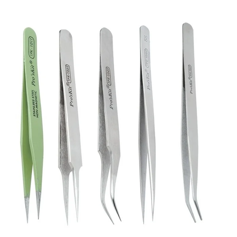 

Pro'sKit Insulation Anti-magnetic Tweezers Stainless Steel Tips Curved Tips Fine Tips Tweezers Hand tool