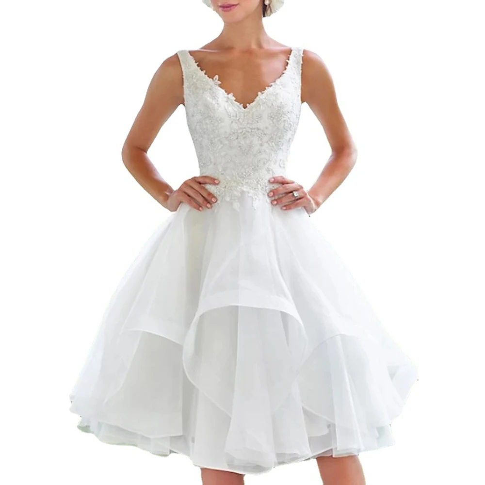 

Женское винтажное свадебное платье, элегантное короткое платье принцессы длиной ниже колена с V-образным вырезом, кружевной аппликацией, пу...