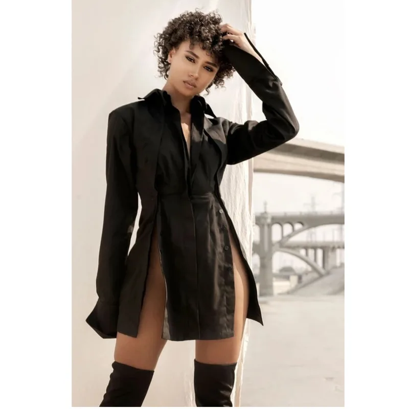 

[DEAT] Wide Double Stand Collar Long Sleeve Personalized Long Sleeve Slit Solid Shirt For Women Street Style 2021 Spring GD1084